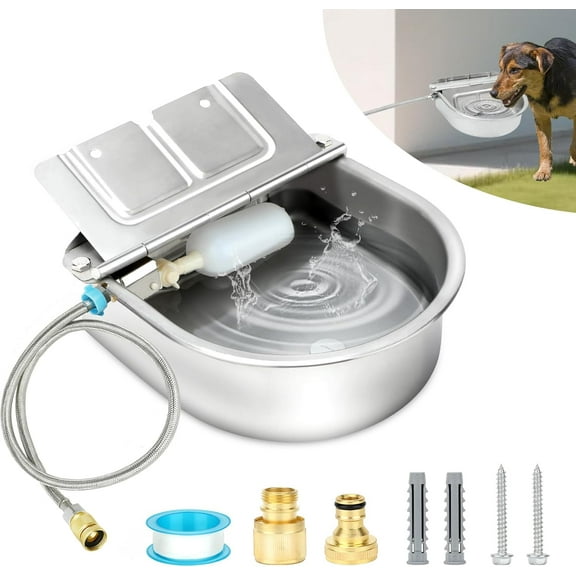 Automatic Water Dispenser for Dogs, 1 Gallon Outdoor Automatic  Water Bowl with Float Valve Stainless  Dispenser Fit 1/2'' and 3/4'' GHT Faucet for  Horse Chicken