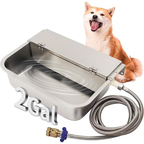 Automatic Water Dispenser for Dogs 2 Gal Stainless Steel Auto Pet Waterer Bowl for Small Animal, Dog, Chicken,Horse, Calf, Goat, with Drainage System, Float Valve, Hose and 3/4'' GHT Quick Connector