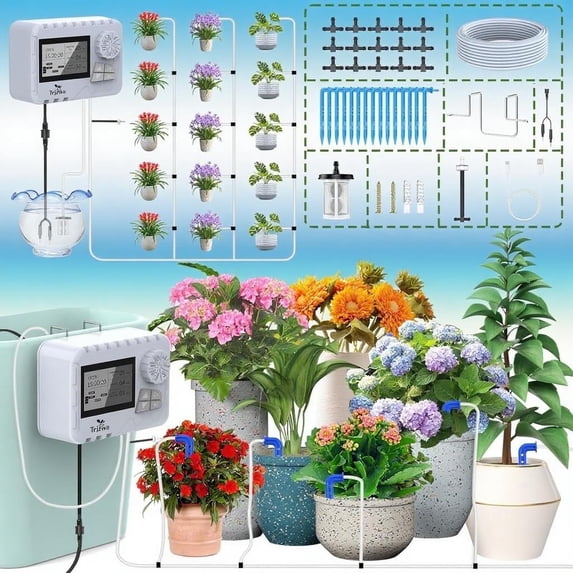 TRJZWA Automatic Watering System - Indoor DIY Plant Watering Kit with Customizable Schedule Timer, USB Power. Ideal Vacation Watering Device for Balcony & Indoor Plants