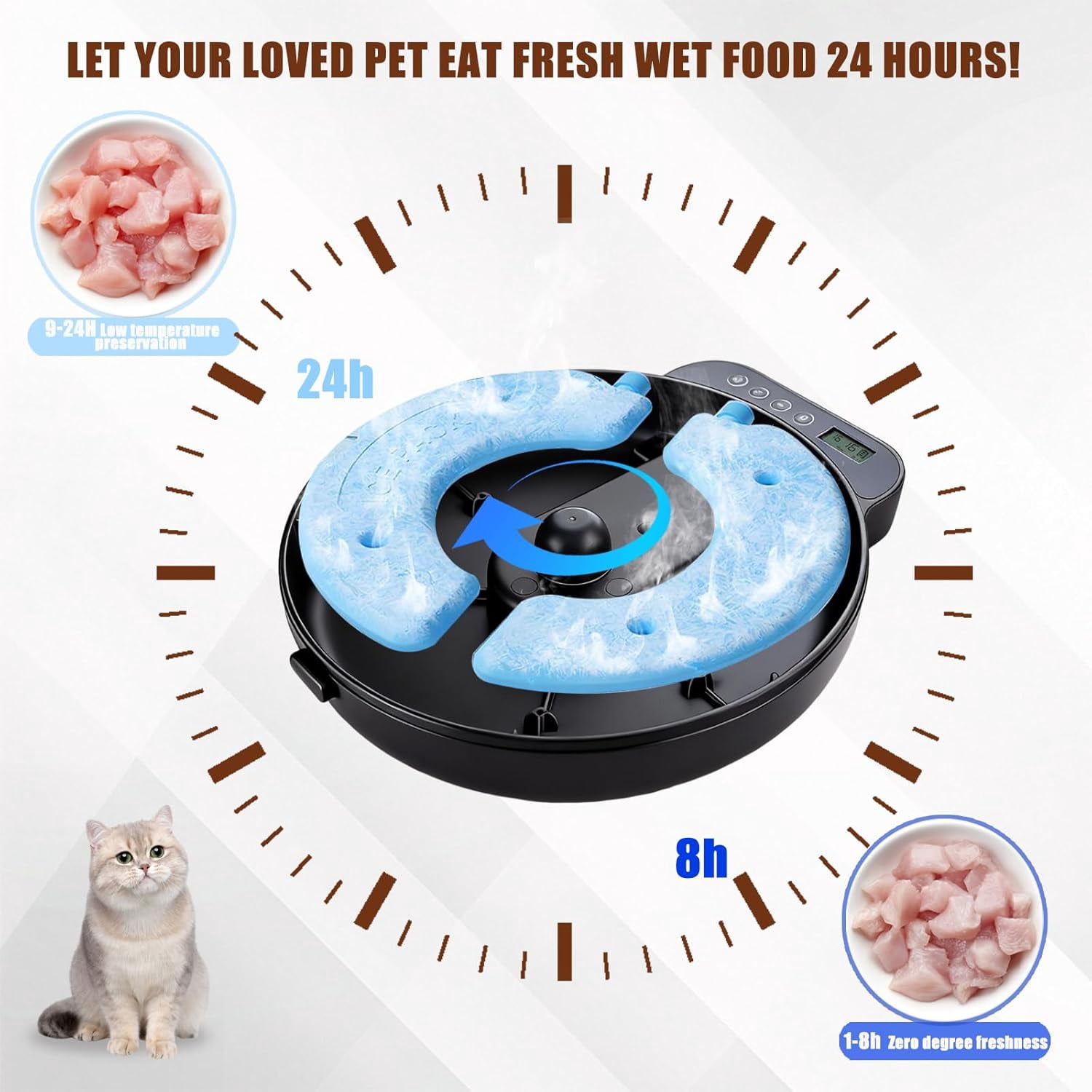 Automatic Wet Food Cat Feeder with Refrigeration, 4-Compartment Timed Dispenser for Cats Dogs Black