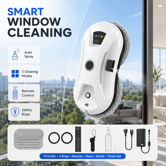Automatic Window Cleaning Robot with Water Spray, Remote Control & Safety Rope