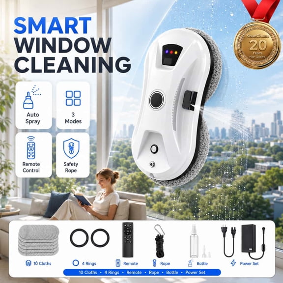 Automatic Window Cleaning Robot with Water Spray, Remote Control & Safety Rope