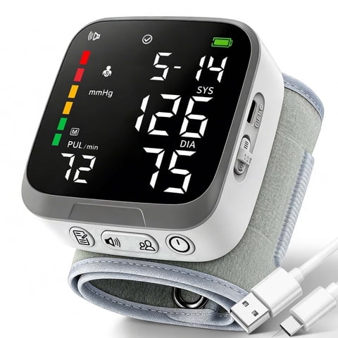 Automatic Wrist Blood Pressure Monitor, Rechargeable, Voice Broadcast ON/OFF, Large LCD Display, 2-User 300 Memory, Adjustable Cuff 5.3-7.7 inches, BP Machine for Home Travel Seniors