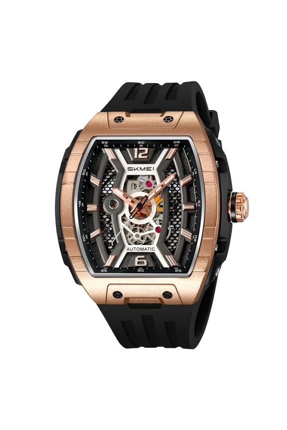Automatic Wristwatch Men Fashion Black Silicone Strap Wateproof Luminous Sport Mechanical Watch with Tonneau Dial