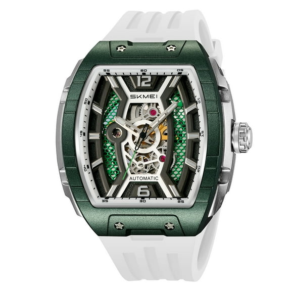 Automatic Wristwatch Men Fashion Black Silicone Strap Wateproof Luminous Sport Mechanical Watch with Tonneau Dial