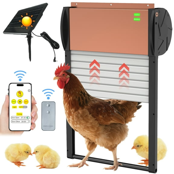 Automatic chicken coop door APP control, solar powered chicken coop door opener with programmable timer, 10 meter remote control, light sensor, USB rechargeable, anti pinch, automatic chicken coop do