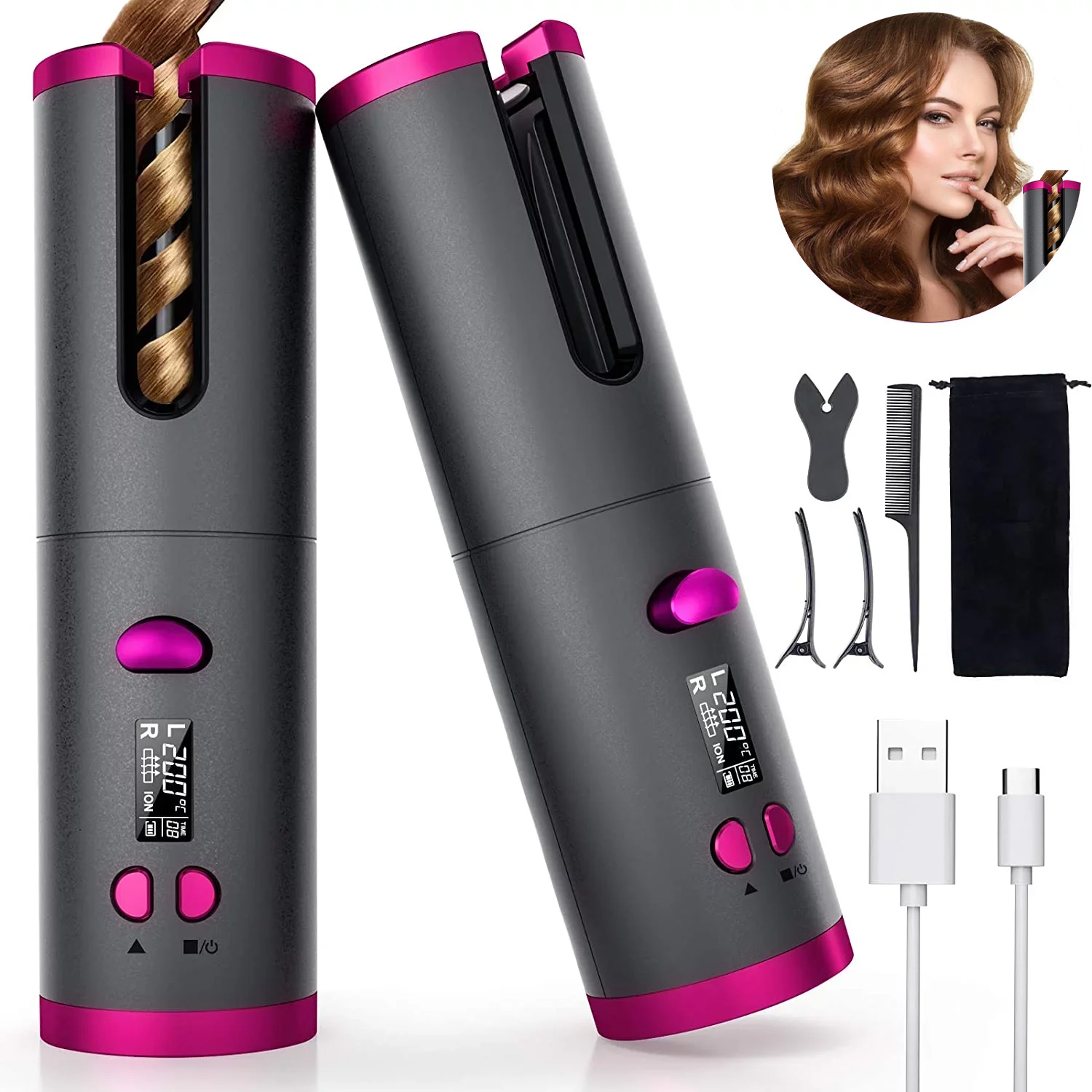 Automatic curling iron Cordless Hair Curler with Temps & Timer Portable
