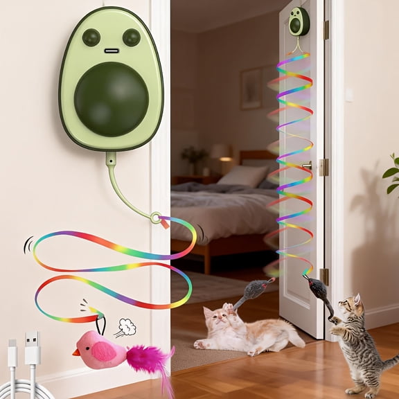 Automatic electric flying bird & mouse cat toy. Feather teaser wand with hanging door frame. Chase/hunt exercise for indoor cats. For bored adult & kittens, all breeds.