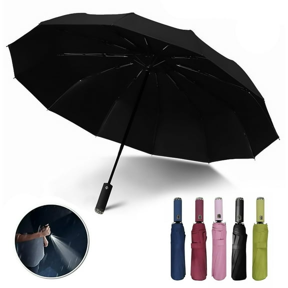 Automatic folding umbrella with LED flashlight handle, lightweight for travel, 10 ribs, portable for kids and adults in sun or rain (Black)