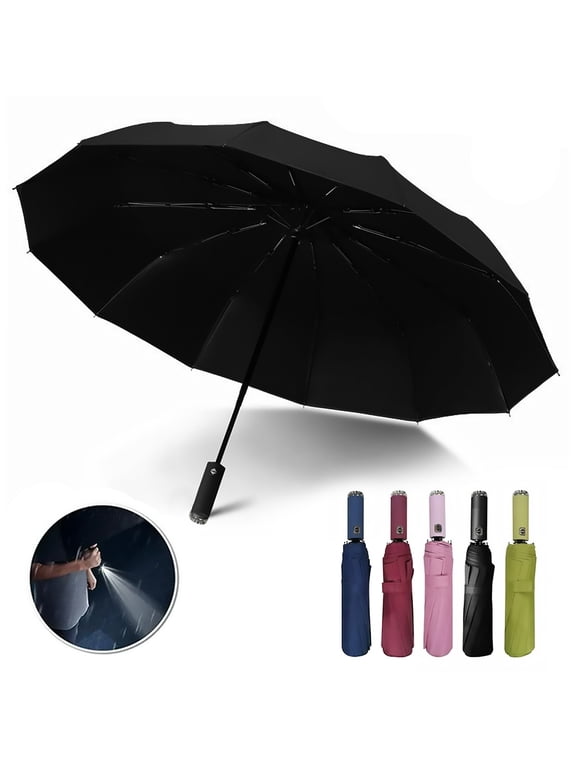 Automatic folding umbrella with LED flashlight handle, lightweight for travel, 10 ribs, portable for kids and adults in sun or rain (Black)