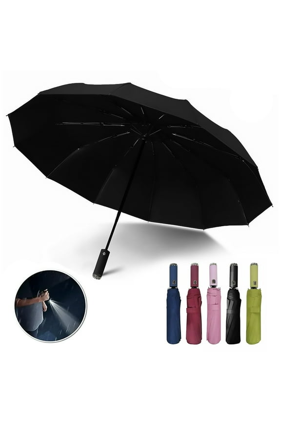 Automatic folding umbrella with LED flashlight handle, lightweight for travel, 10 ribs, portable for kids and adults in sun or rain (Black)