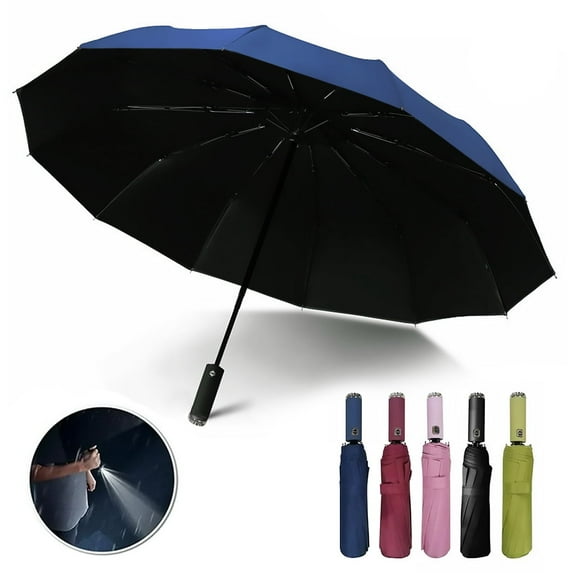 Automatic folding umbrella with LED flashlight handle, lightweight for travel, 10 ribs, portable for kids and adults in sun or rain (Blue)
