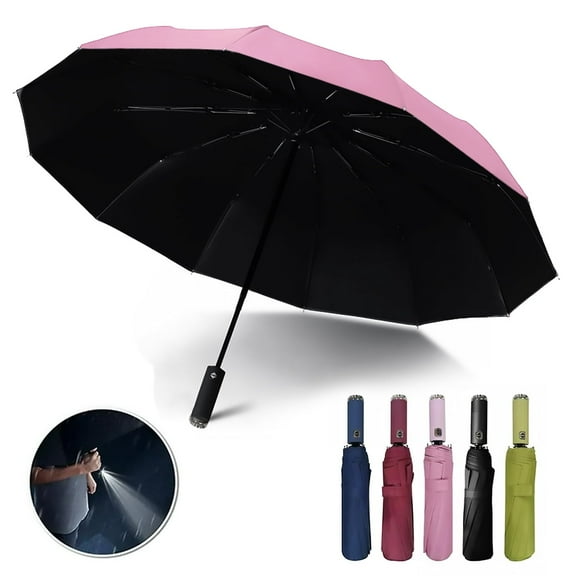 Automatic folding umbrella with LED flashlight handle, lightweight for travel, 10 ribs, portable for kids and adults in sun or rain（Pink）