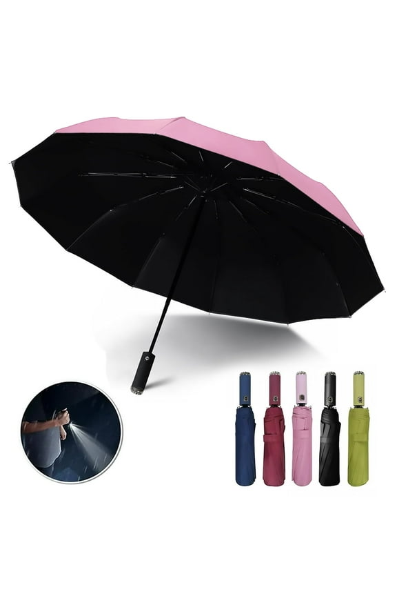 Automatic folding umbrella with LED flashlight handle, lightweight for travel, 10 ribs, portable for kids and adults in sun or rain（Pink）