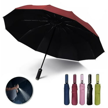 Automatic folding umbrella with LED flashlight handle, lightweight for travel, 10 ribs, portable for kids and adults in sun or rain（Red）