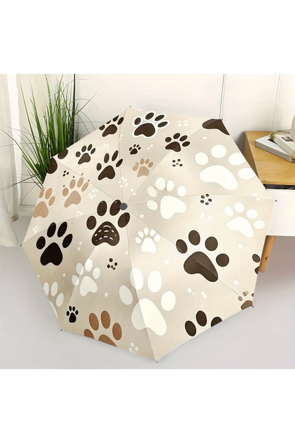 Automatic on/off umbrella with single point button - compact folding umbrella, portable foldable design, brown/beige/white paw print pattern - ideal gift for pet lovers