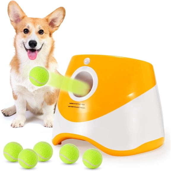 AutomaticDog Ball Launcher,10-30 FT Distance,   Ball Thrower,    , Included 6 Mini Tennis Balls (2") for Small Dogs Orange