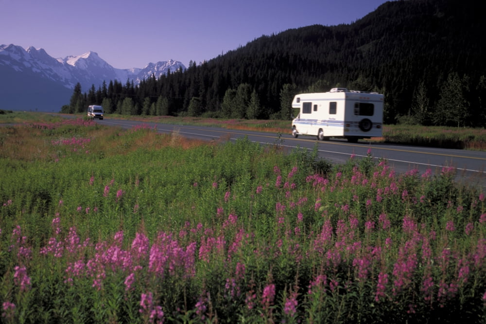 Autombiles On Seward Highway In Kenai Mtns Kp Ak Summer Canvas Art - Jeff Schultz  Design Pics (34 x 22)