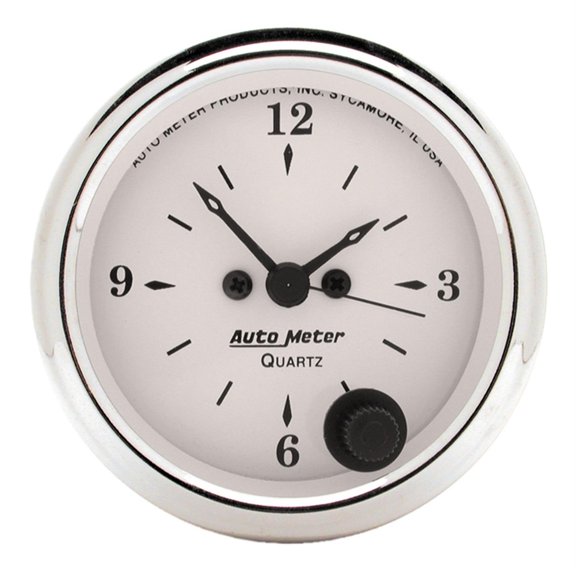 AutoMeter 1686 Old Tyme White Clock; 2-1/16 in.; White Dial Face; Black Pointer; White Incandescent Lighting; Electric Quartz; 12 Hour;