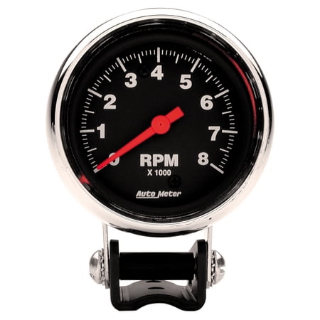 AutoMeter 2893 Traditional Chrome Tachometer; 2-5/8 in.; Black Dial Face; Chrome Bezel; Fluorescent Red Pointer; White Incandescent Lighting; Electric Air-Core; 0-8000 RPM;