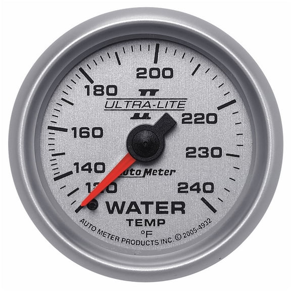 AutoMeter 4932 Ultra-Lite II Mechanical Water Temperature Gauge; 2-1/16 in.; Silver Dial Face; Fluorescent Red Pointer; White LED Lighting; Mechanical; 120-240 Degree F;