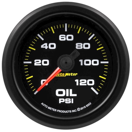 AutoMeter 9253 Extreme Environment Oil Pressure Gauge; 2-1/16 in.; 0-120 Psi; Black Dial Face; Fluorescent Red Pointer; Black Bezel; White LED Lighting; w/Peak And Warn;