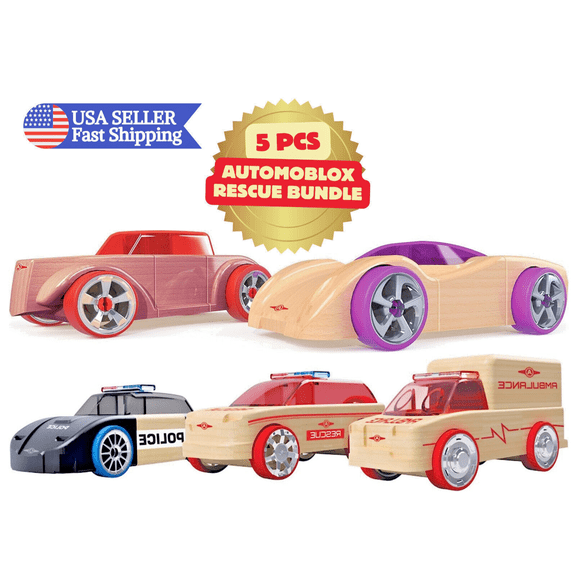 Automoblox Wooden Mix-and-Match Vehicles Mini Rescue Scorch Chaos- 5 Pcs Bundle