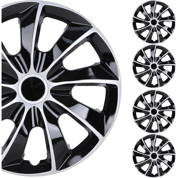 Automotive 13 Inch Universal Hubcap 13" Front and Rear Wheel Covers - Fits Most Cars - Snap On Hubcap, R13 Auto Tire Replacement Exterior Cap (Set of 4, Silver Lacquer & Black Lacquer)