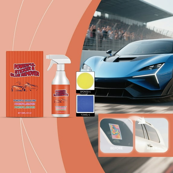Automotive Adhesive Remover 120ml, Car Sticker and Tape Residue Cleaner, Safe for Vehicle Paint, Fast Penetration, Easy Spray with Sponge and Cloth, Effortless Adhesive Removal for Car Home