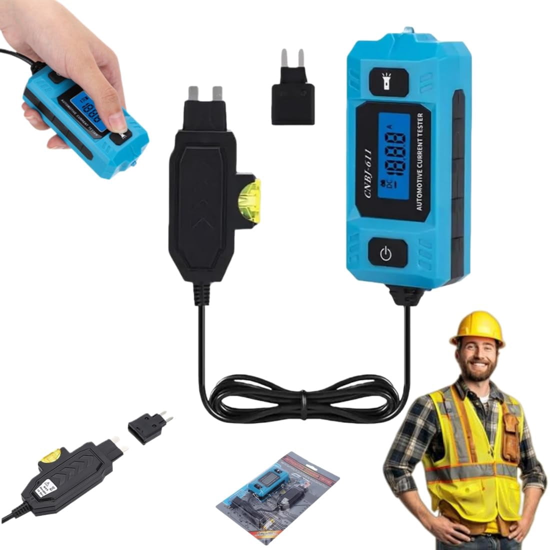 Automotive Circuit Tester, 20A 48V Relay Fuse Blade Checker, Built-in Light, Blue Backlit LCD, for Car Circuit Testing