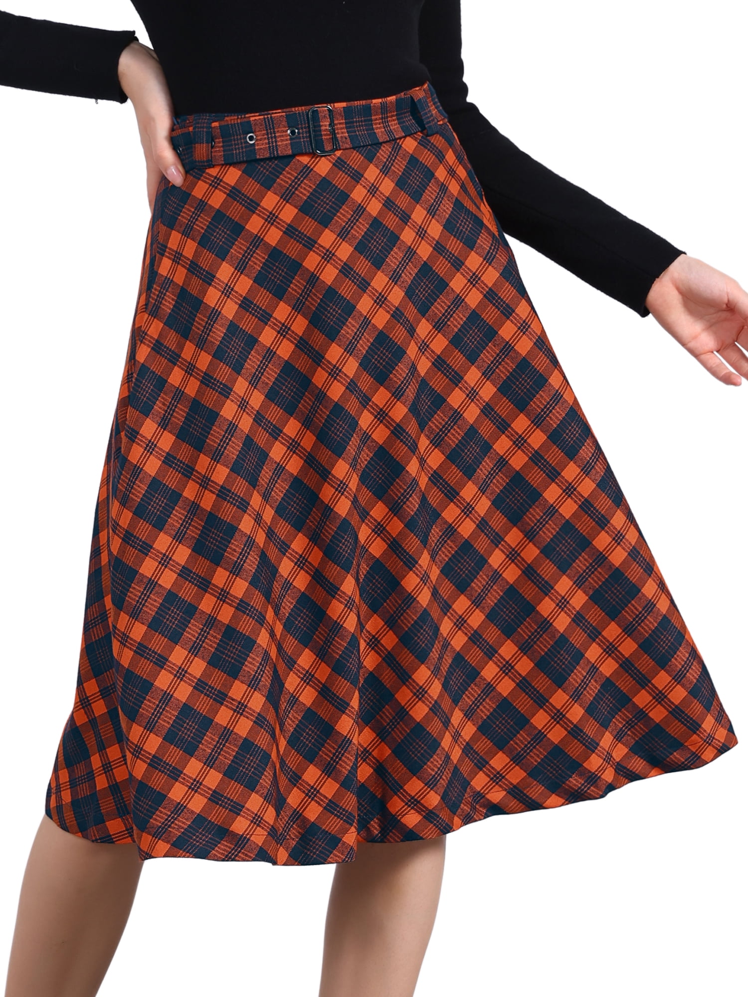DARING DIVA Women's Plaid Tartan High Waist Belted A-Line Midi Skirt M Orange Brown