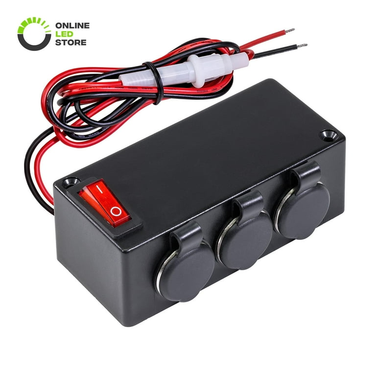 Automotive DC Power Outlet Extension w/On-Off Switch [Heavy Duty] [12V-24V]  [15 Amp] [In-Line Fuse] [Hardwire] Car Triple Socket Cigarette Lighter 