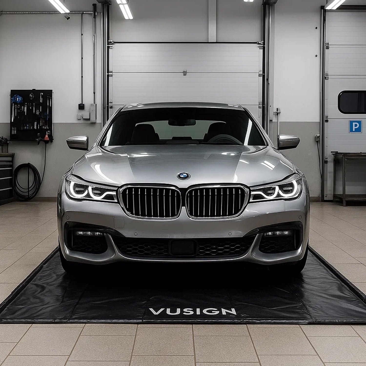 VUSIGN Garage Containment Mat, (7'9" x 16') , Non-Slip Garage Floor Mat with Stay Put Corner and Squeegee, Heavy Duty Waterproof Protection from Snow, Rain and Mud for Cars, SUVs and Trucks