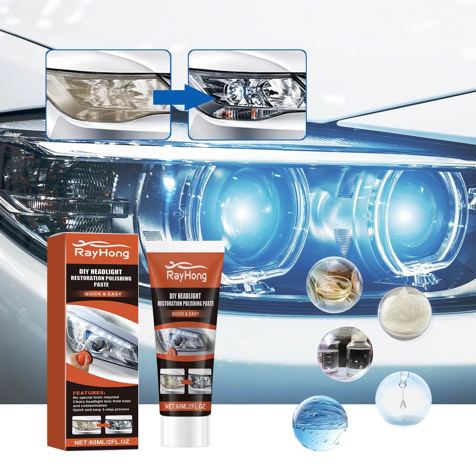 Automotive Headlamp Renovate Fluid, Yellowing Aging Cracking Fix, 60ML, Headlight Restoration, Auto Detailing, for Cars, Trucks, SUVs