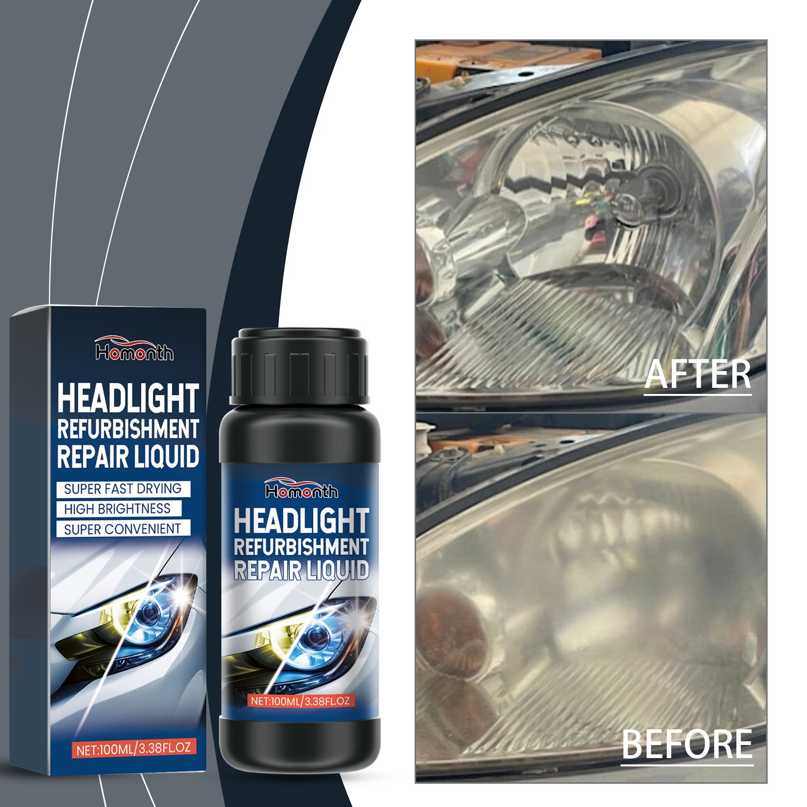 Automotive Headlight Refurbishment Solution, Yellowing Cleaner, 100ml, Quick Restoration, for Cars, Truck, SUV, Professional Kit