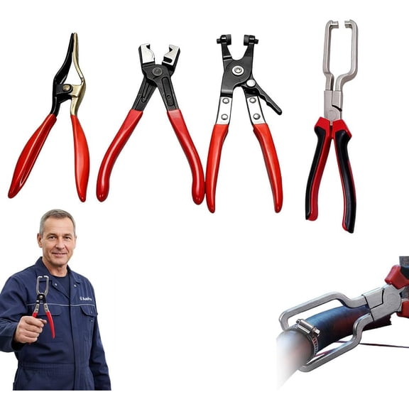 Automotive Hose Clamp Pliers & Connector Removal Tool with Steel Jaws, 4-Piece Black