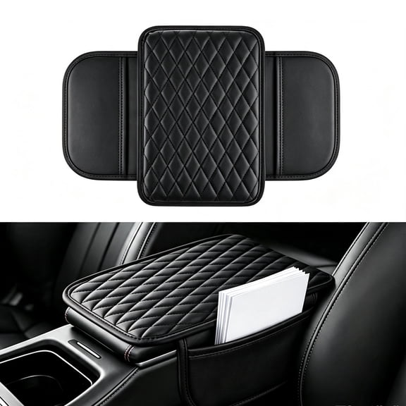 Automotive Leather Armrest Cushion with 2 Storage Pockets, Universal Waterproof Cushion Pad, Non-Slip Car Interior Accessories, Fits Most Sedans SUVs Trucks