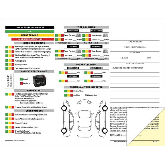 Automotive Multi-Point Inspection Form - 2 Part Carbonless Form (Pack of 100)
