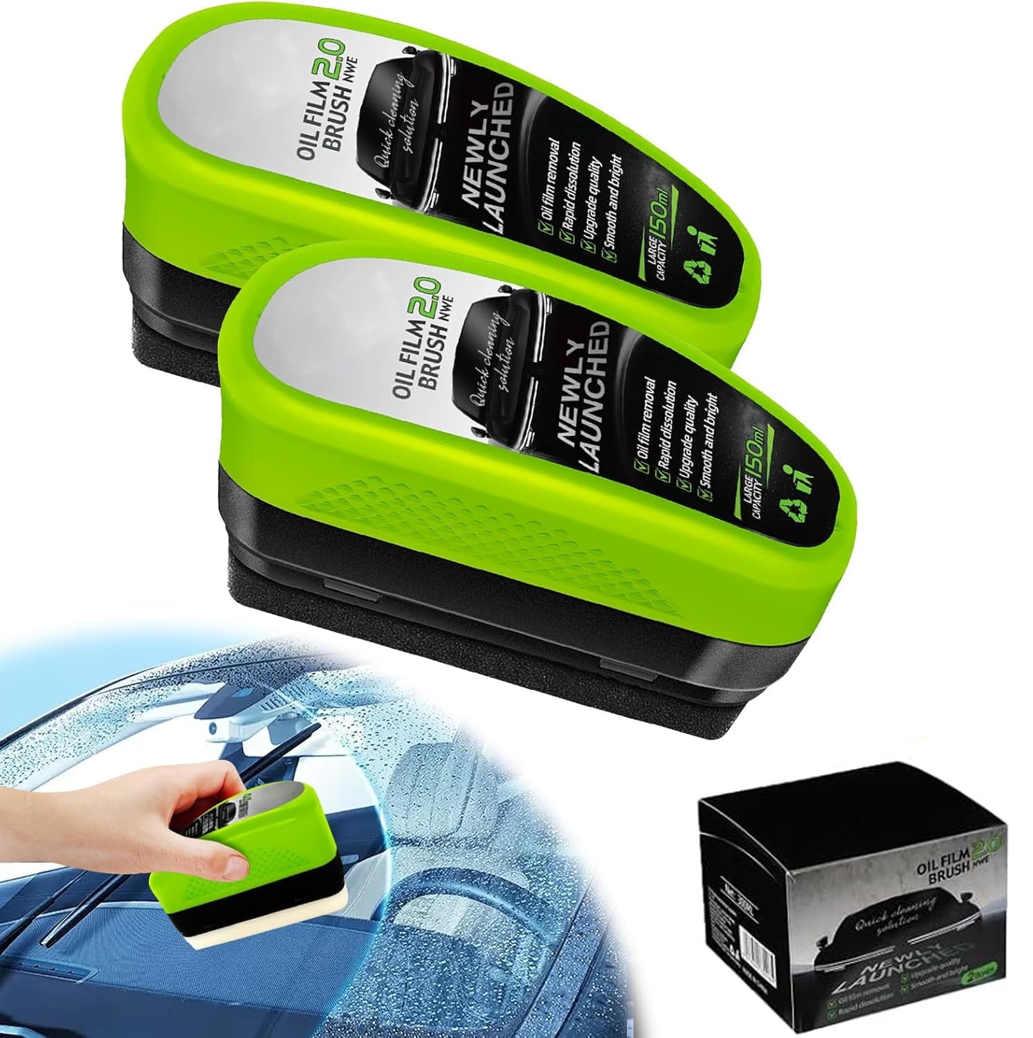 Automotive Oil Film Cleaning Brush,New 2.0 Green Car Glass Oil Film Remover,Glass Coating Board for Windshield,Prevents Rain and Fog Cleaning Brush