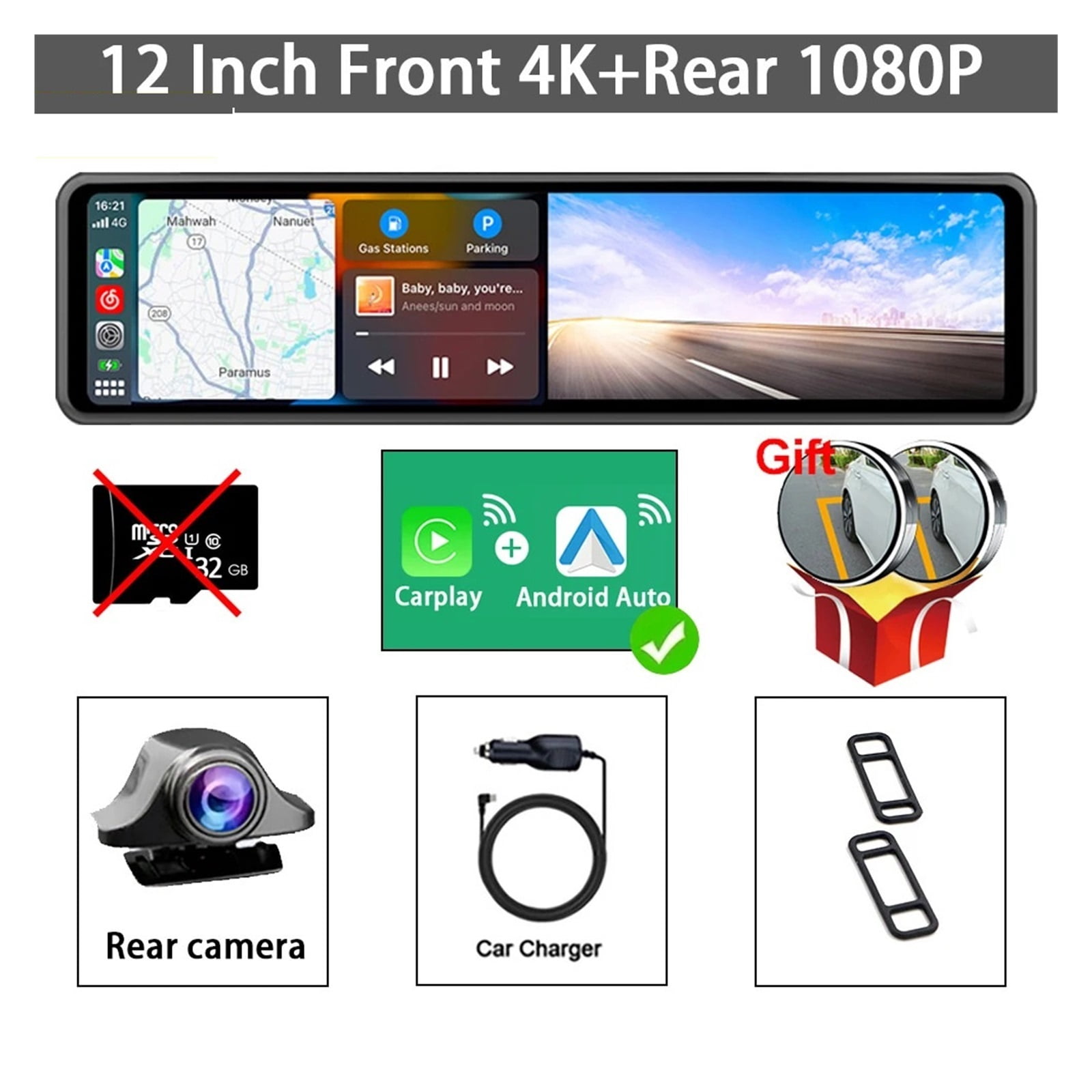 Automotive supplies Car DVR 12" 4K Carplay AndroidAuto Dash Cam Dual