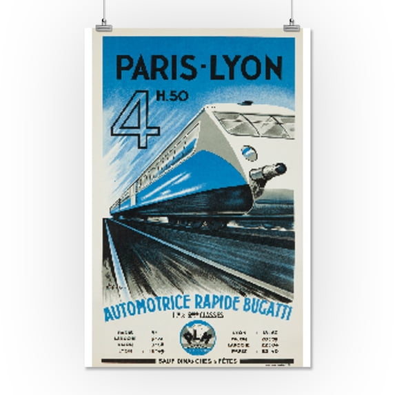 Automotrice Rapide Bugatti Vintage Poster (artist: Schefer) France c. 1935 (16x24 Giclee Gallery Print, Wall Decor Travel Poster)