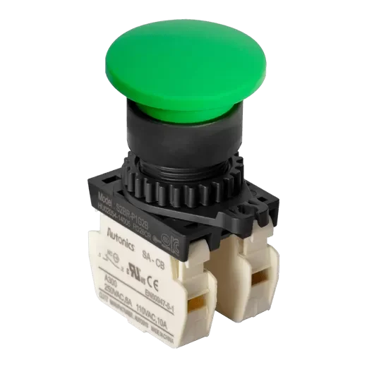 Autonics S2BR-P1G2B Green 22/25mm Mushroom Head Momentary Push Button Switch, 2NC Contacts, Industrial Control Panel Switch