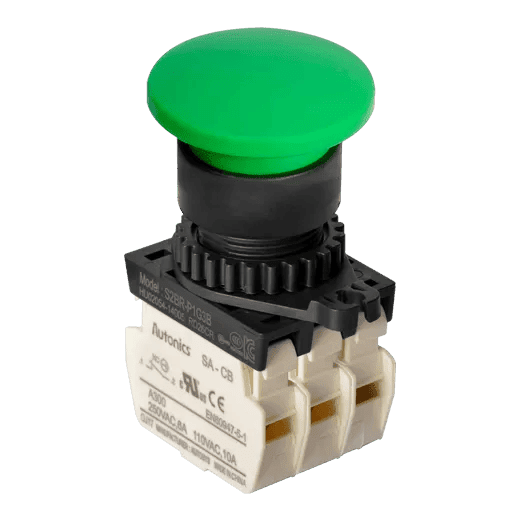 Autonics S2BR-P1G3B Green 22/25mm Mushroom Head Momentary Push Button Switch, 3NC Contacts, Industrial Control Panel Switch