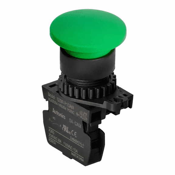 Autonics S2BR-P1GAM Green 22/25mm Mushroom Head Momentary Push Button Switch, 1NO Contact, Industrial Control Panel Switch