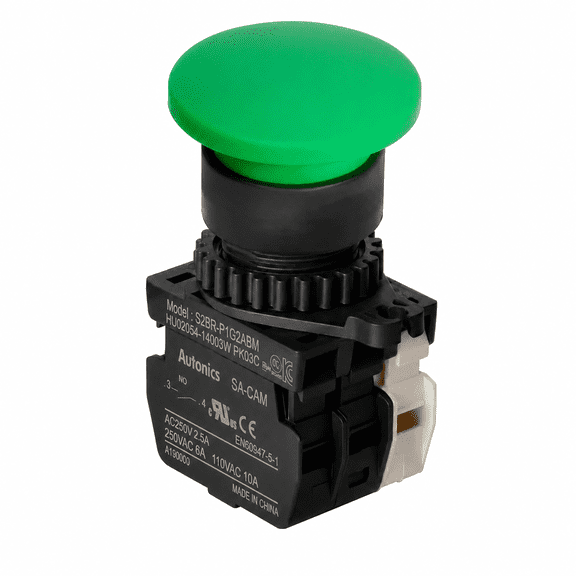 Autonics S2BR-P1G2ABM Green 22/25mm Mushroom Head Momentary Push Button Switch, 2NO + 1NC Contacts, Industrial Control Panel Switch