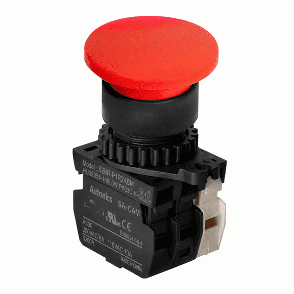 Autonics S2BR-P1R2ABM Red 22/25mm Mushroom Head Momentary Push Button Switch, 2NO + 1NC Contacts, Industrial Control Panel Switch