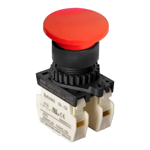 Autonics S2BR-P1R2B Red 22/25mm Mushroom Head Momentary Push Button Switch, 2NC Contacts, Industrial Control Panel Switch