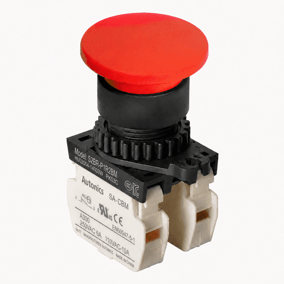 Autonics S2BR-P1R2BM Red 22/25mm Mushroom Head Momentary Push Button Switch, 2NC Contacts, Industrial Control Panel Switch