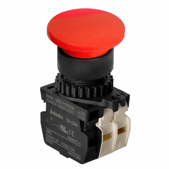 Autonics S2BR-P1RA2BM Red 22/25mm Mushroom Head Momentary Push Button Switch, 1NO + 2NC Contacts, Industrial Control Panel Switch