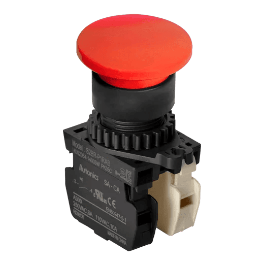 Autonics S2BR-P1RAB Red 22/25mm Mushroom Head Momentary Push Button Switch, 1NO + 1NC Contacts, Industrial Control Panel Switch